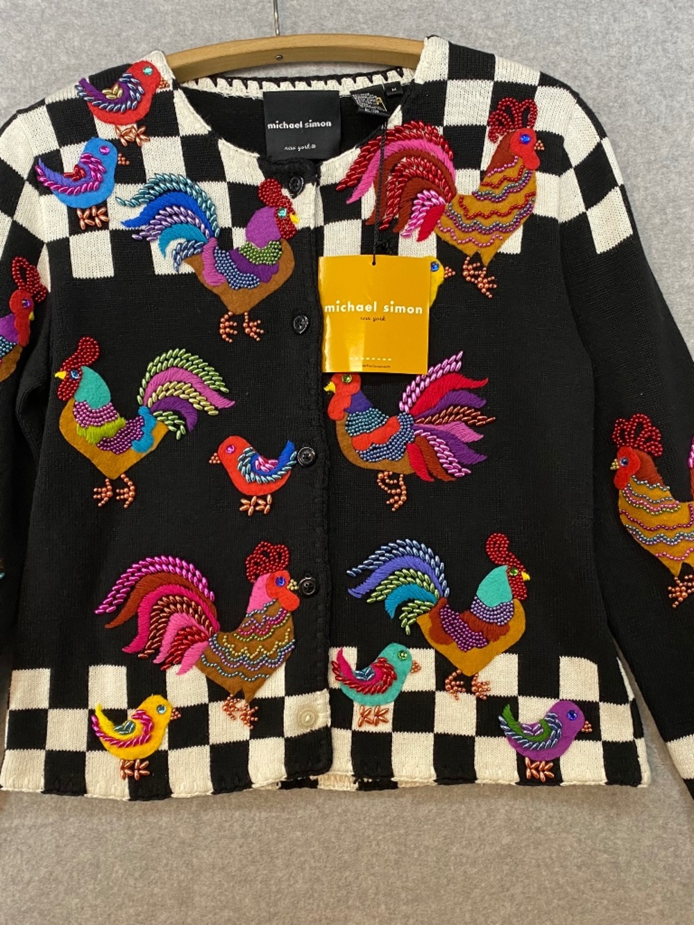 NEW! Vintage Michael Simon Cardigan M • Rooster Hen Bird Black Checkered • Art
